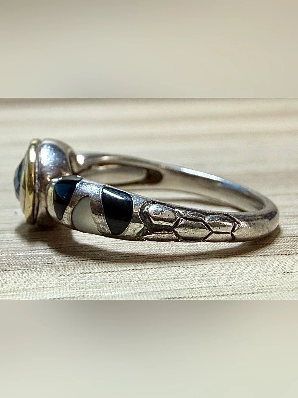 Vintage Modernist Asch Grossbardt Sterling Silver & 18K Gold Blue Topaz Ring
